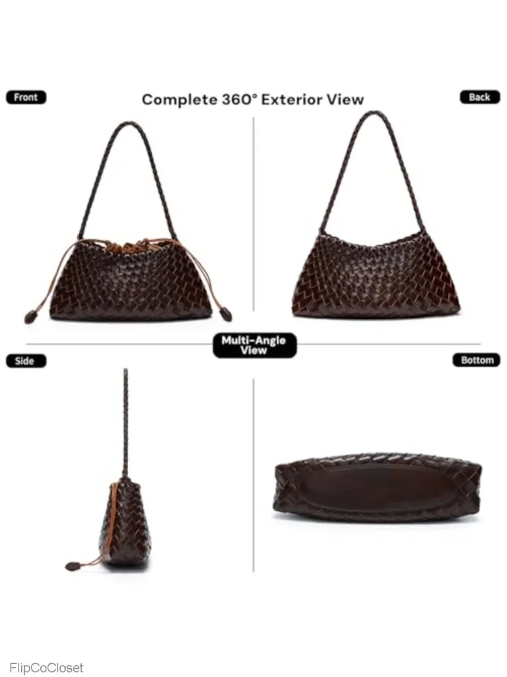 Woven Vegan Leather Hobo Shoulder Bag Braided Strap Drawstring Pouch
